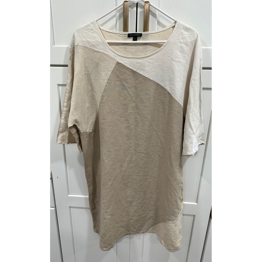 For Cynthia Linen Blend Colorblock Dress Beige Cream Large Womens Scoop Neck